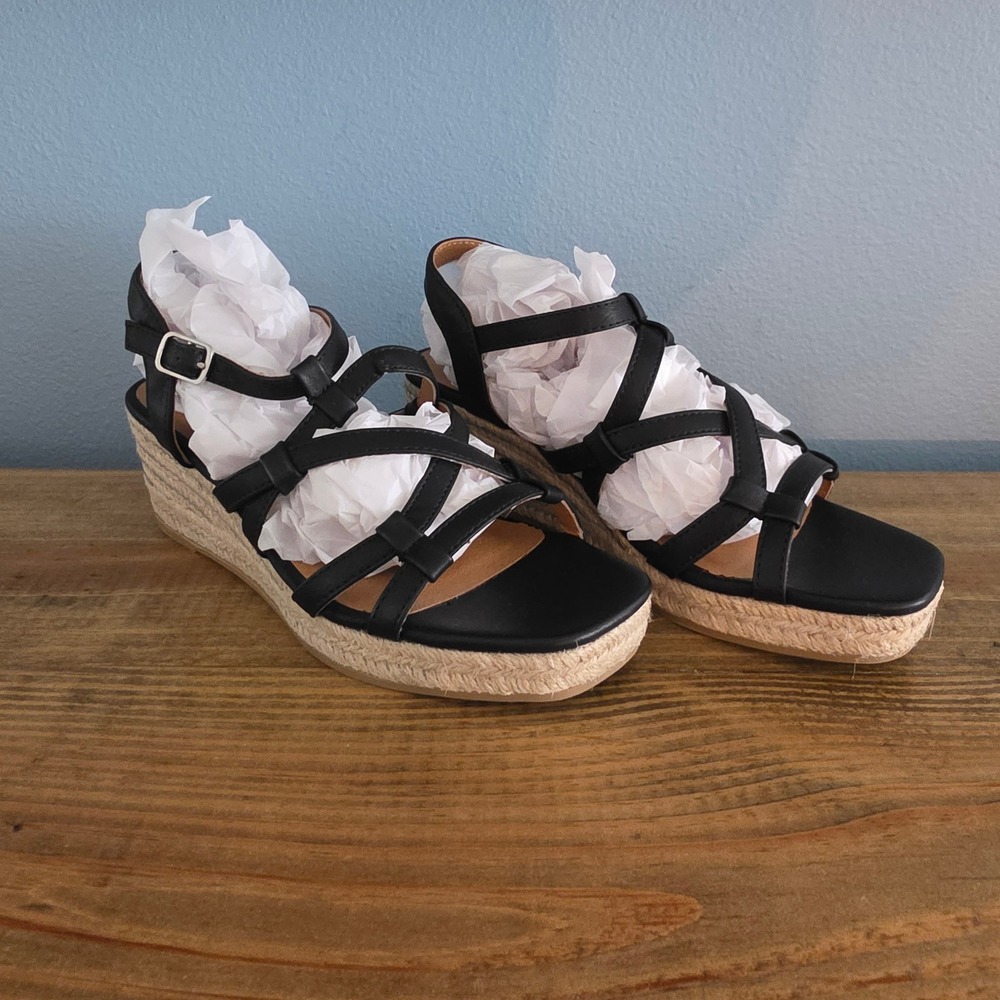 White Mountain Womens Swayze Espadrille Wedge Sandal Black Strappy Buckle 6.5